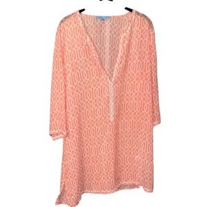 Antonio Melani Coral Pink Geometric Print Swim Cover Up Tunic Top L